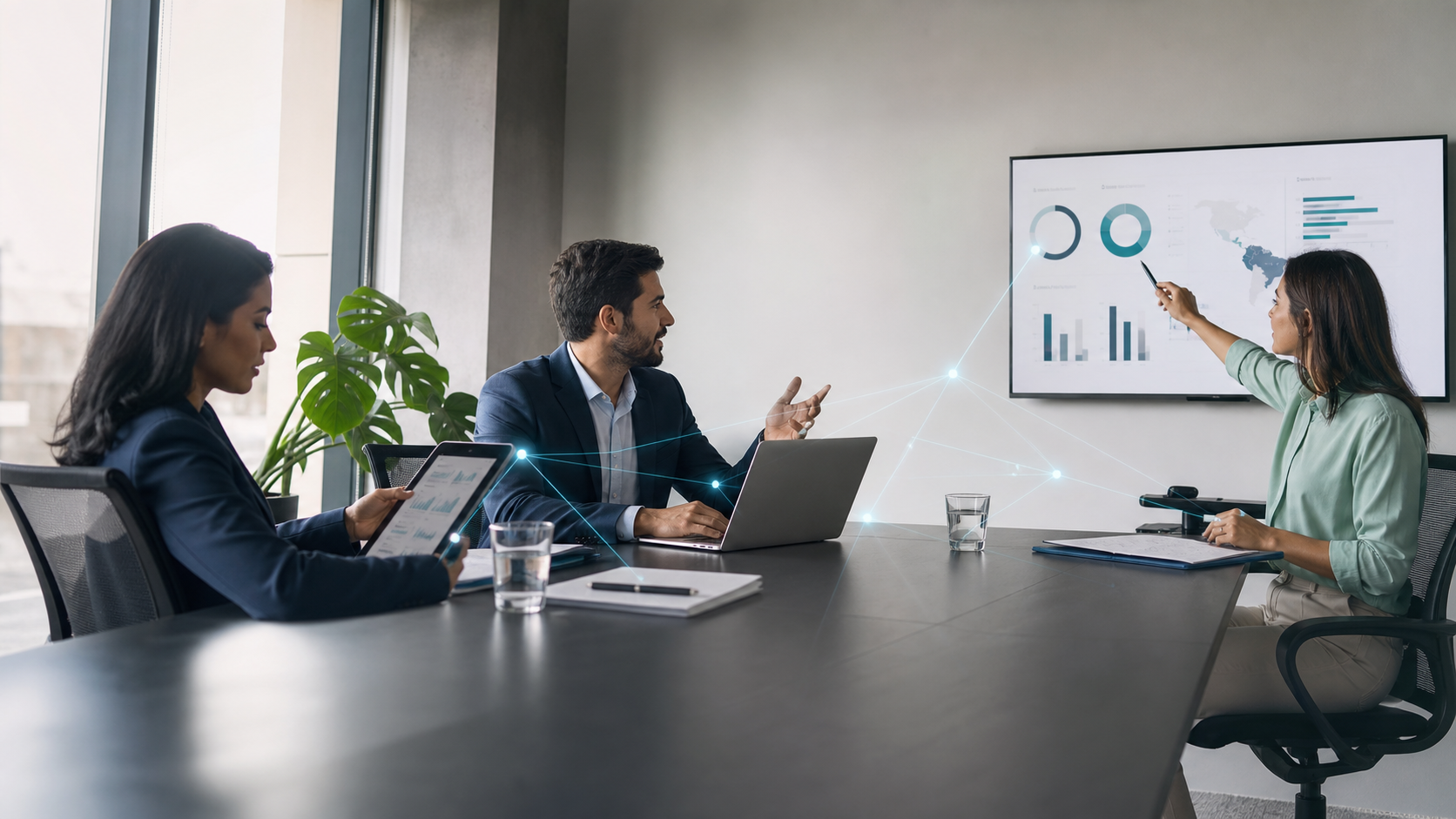 Equipe empresarial analisando dados para decisão comercial B2G
